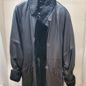 Woman's Christian Dior Black Swakara Russian Lamb Fur & Leather Overcoat